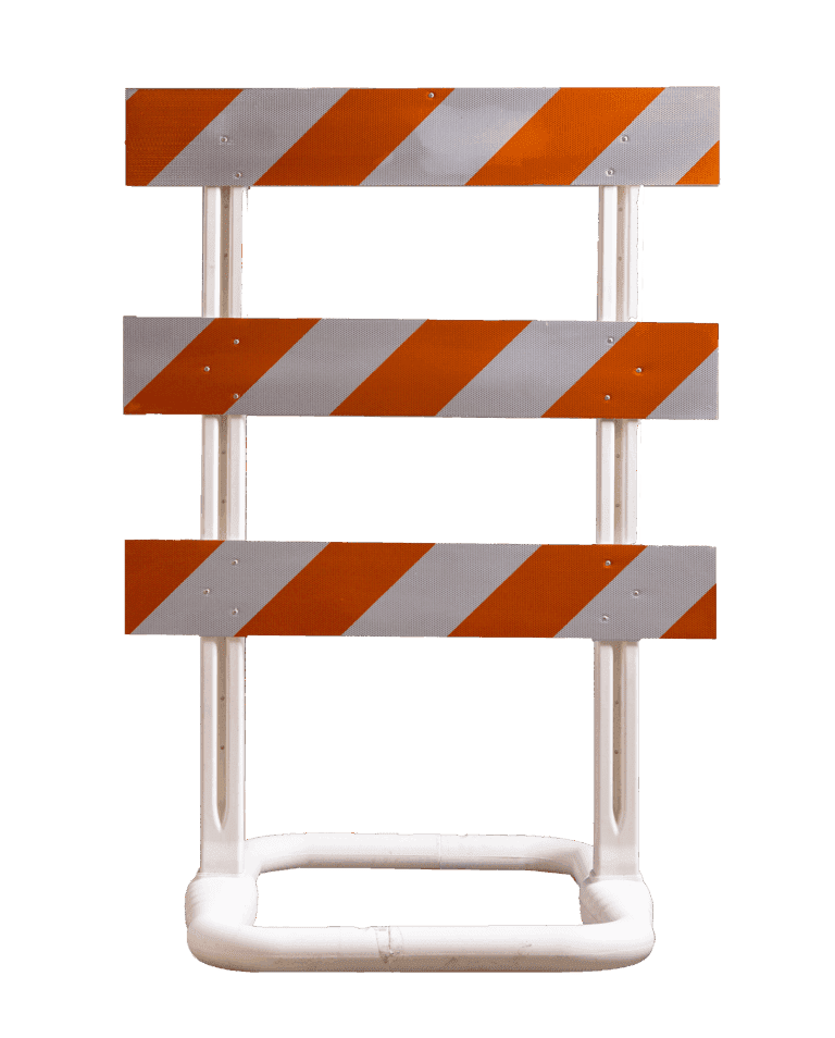 A construction barrier with three horizontal white boards featuring diagonal orange stripes, supported by a white plastic frame, standing upright against a plain background.