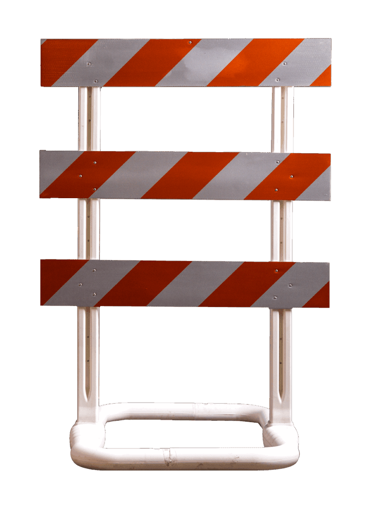 A construction barrier with three horizontal boards featuring diagonal orange and white stripes, supported by a white plastic frame, shown against a plain background.