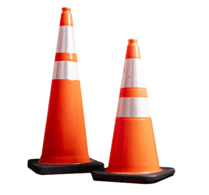 Two orange traffic cones with white reflective stripes stand side by side on black bases against a white background.