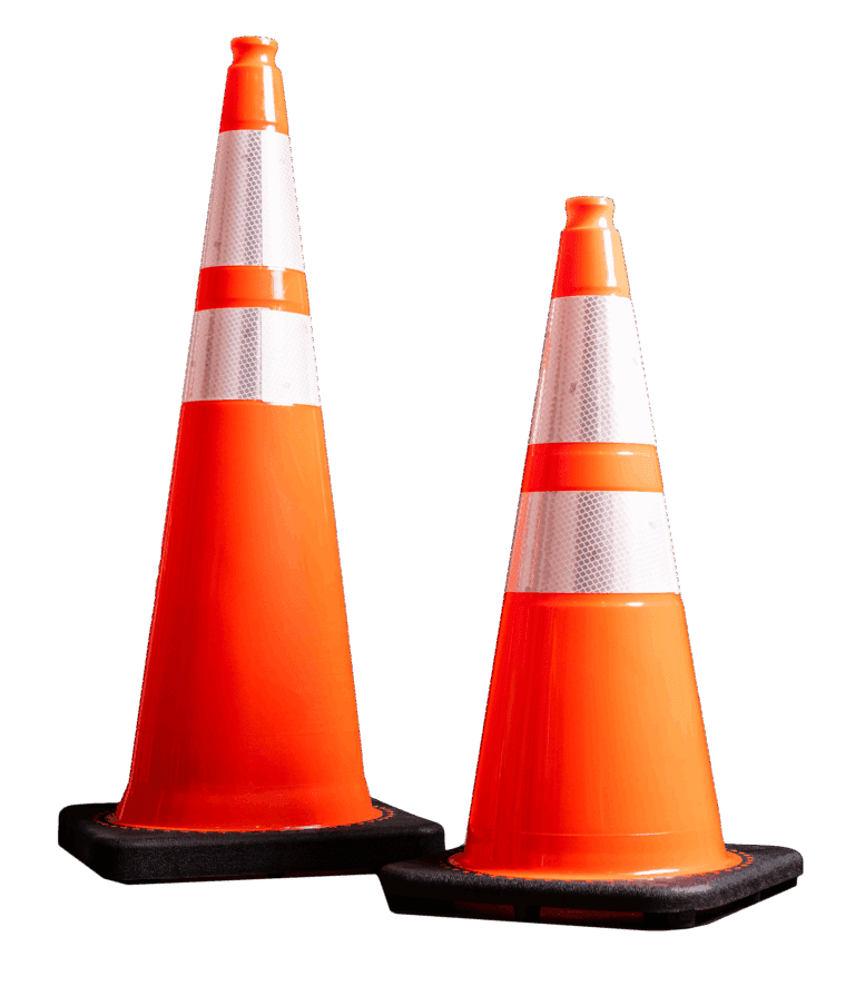 Two orange traffic cones with white reflective stripes stand side by side on black bases, against a plain white background.