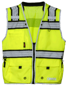 A sleeveless, bright yellow safety vest with reflective silver stripes, zippered front, mesh upper section, multiple front pockets, and ONYX printed in white on the lower right pocket.