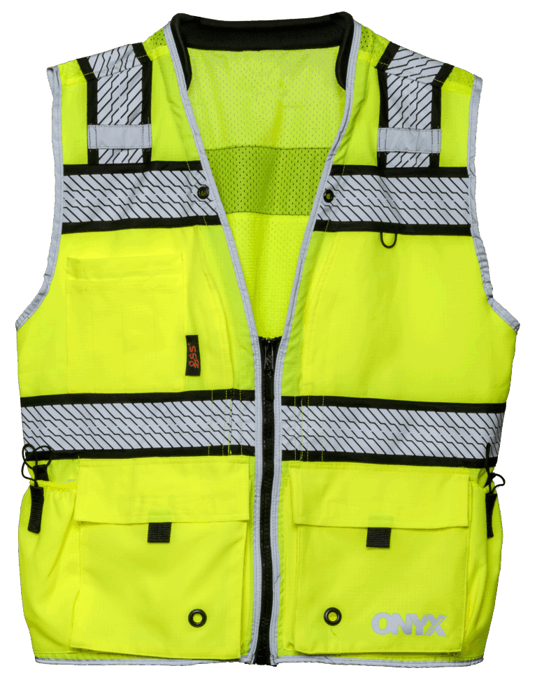 A sleeveless, bright yellow safety vest with reflective silver stripes, zippered front, mesh upper section, multiple front pockets, and ONYX printed in white on the lower right pocket.