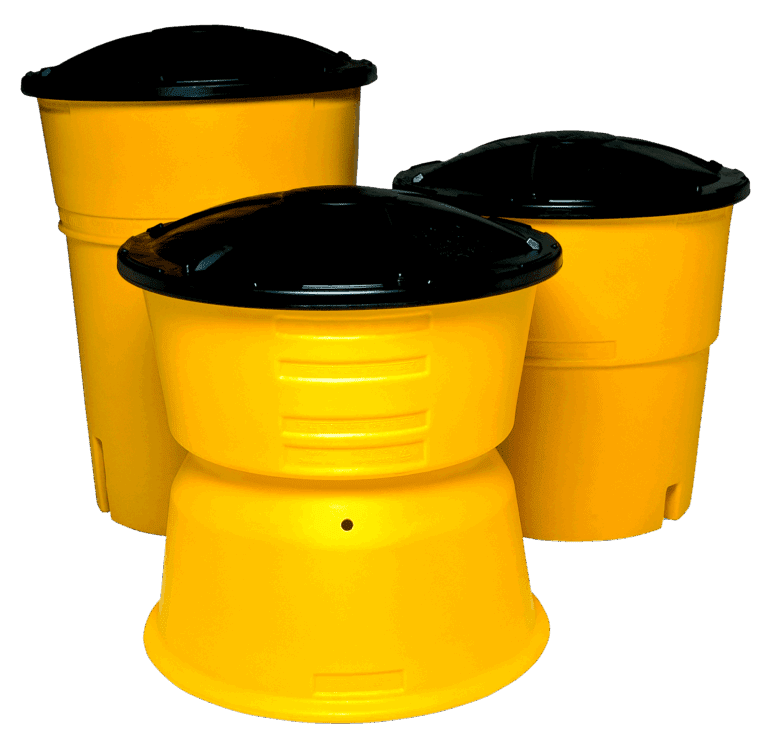 Three large yellow plastic containers with black lids arranged together on a plain white background. One container is squat and wide, while the other two are taller and cylindrical.