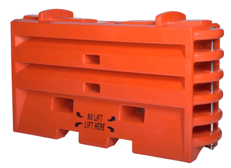 An orange plastic road barrier with horizontal grooves, handle grips on top, and a label that says NO LIFT LIFT HERE near the base.