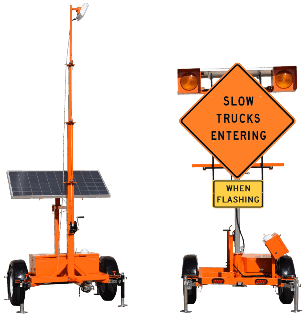 A portable orange traffic sign trailer with solar panels and lights displays Slow Trucks Entering and When Flashing. The sign is shown from the side and rear views.