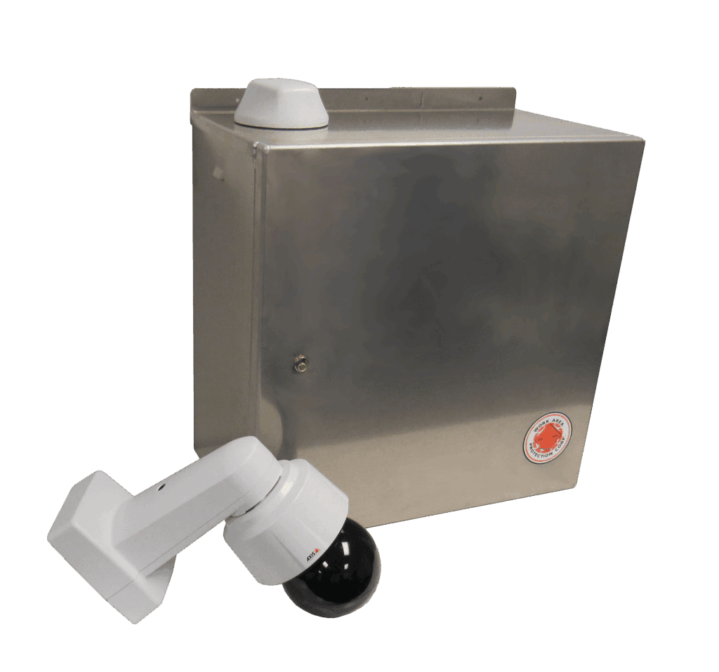 A stainless steel electrical enclosure box with a security camera attached to the front and a white antenna or sensor on top, set against a plain white background.