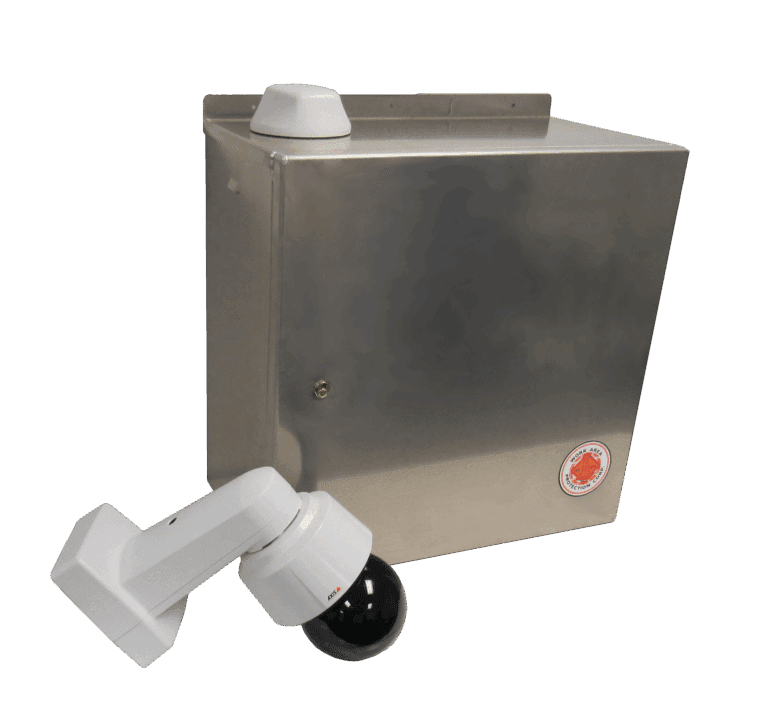 A stainless steel electrical enclosure box with a security camera attached to the front and a white antenna or sensor on top, set against a plain white background.