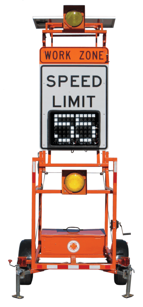 An orange mobile electronic sign displays WORK ZONE and SPEED LIMIT with space for a digital speed readout, mounted on a wheeled trailer with warning lights.