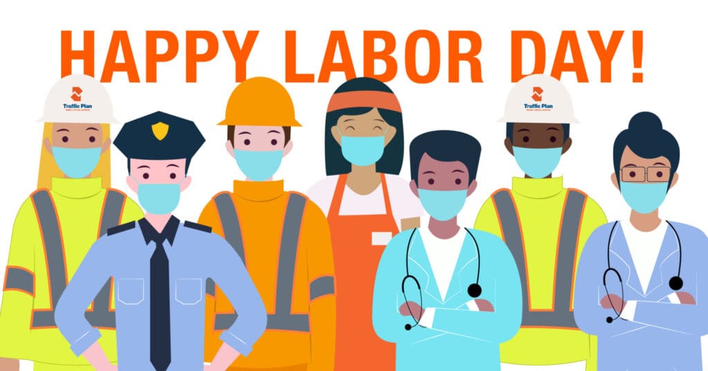 Illustration of diverse workers, including a police officer, doctors, construction workers, and utility workers, all wearing masks and standing together beneath the text HAPPY LABOR DAY!.