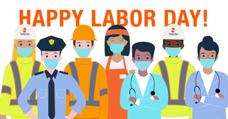 Illustration of diverse workers, including a police officer, doctors, construction workers, and utility workers, all wearing masks and standing together beneath the text HAPPY LABOR DAY!.