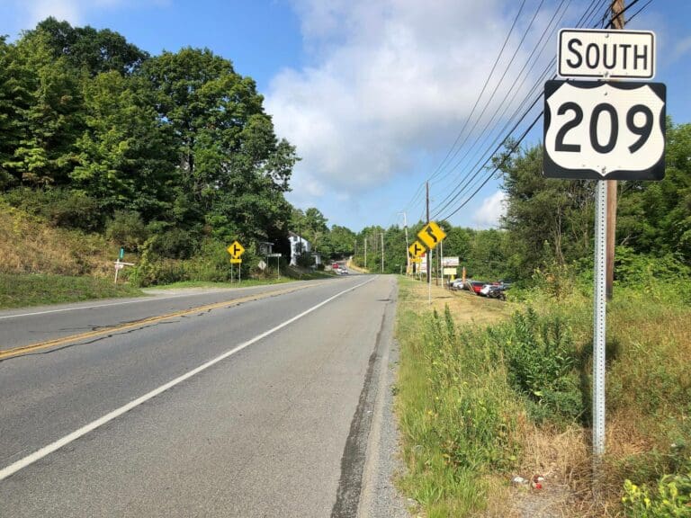 A two-lane road with a South 209 highway sign on the right, surrounded by trees, grass, and utility poles under a partly cloudy sky. Yellow curve warning signs are visible ahead.