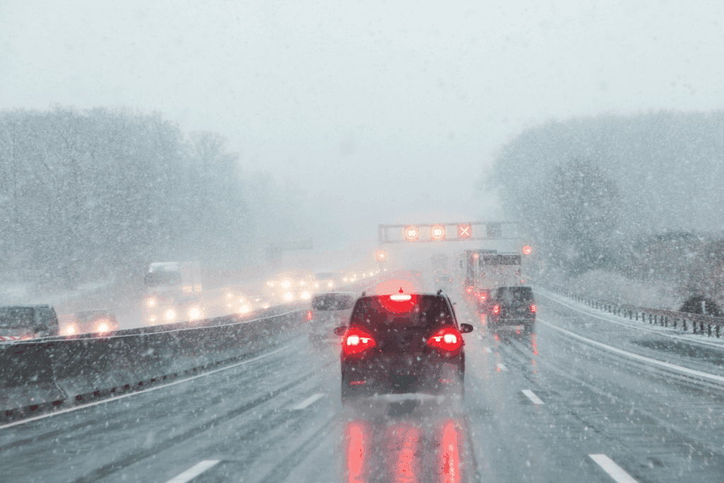 Cars driving on a wet highway during heavy snowfall, with low visibility, blurry taillights, and road signs visible in the distance. Trees line the roadside, and everything is covered in snow.