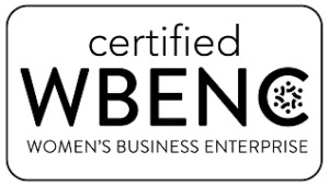 Black and white logo with the text: certified WBENC WOMENS BUSINESS ENTERPRISE and a stylized flower design inside the letter C.