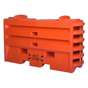 Bright orange plastic traffic barricade with horizontal grooves, rounded edges on one side, and labeled NO LIFT LIFT HERE with arrows pointing to designated lifting points at the bottom.