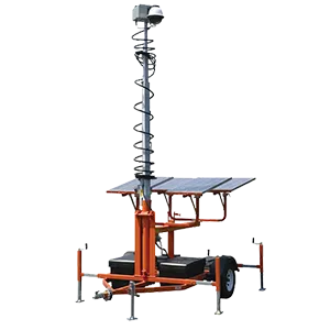 A mobile surveillance unit with solar panels, a telescoping mast, and mounted camera, supported by stabilizing legs and mounted on a trailer for transport.